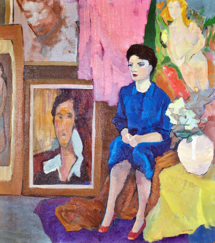 oil painting of Edith Clark sitting in her gallery in Vancouver BC., ca. 1970's