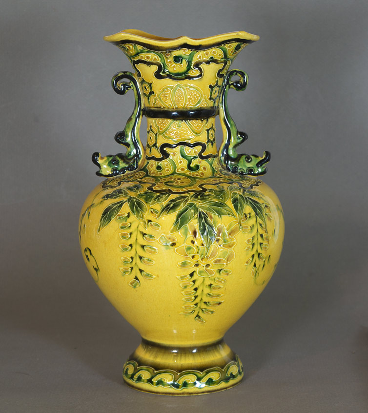 Awaji yellow glaze wisteria vase